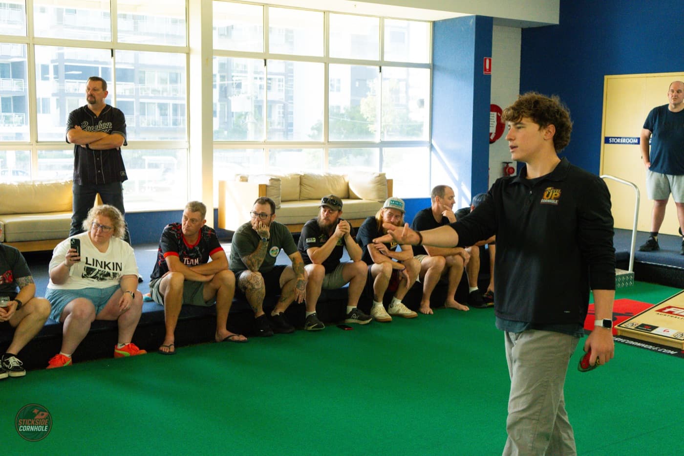 Stickside running a cornhole clinic on the Gold Coast