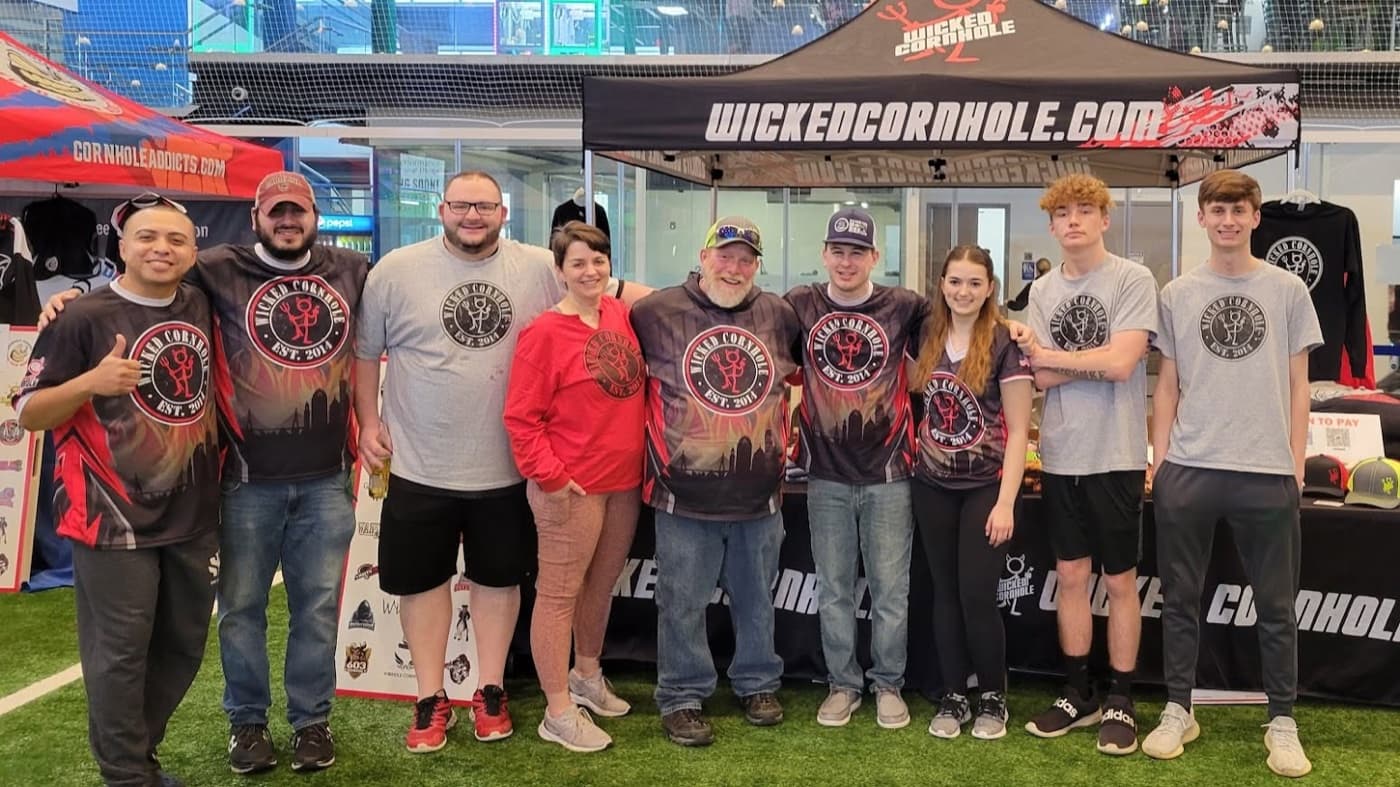 The Wicked Cornhole crew with Bruce at the WickedCornhole.com booth